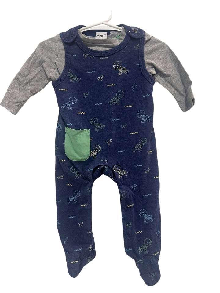 Set Strampler&Langarmshirt, 62, Manguun, dunkelblau/grau/Schildkröten