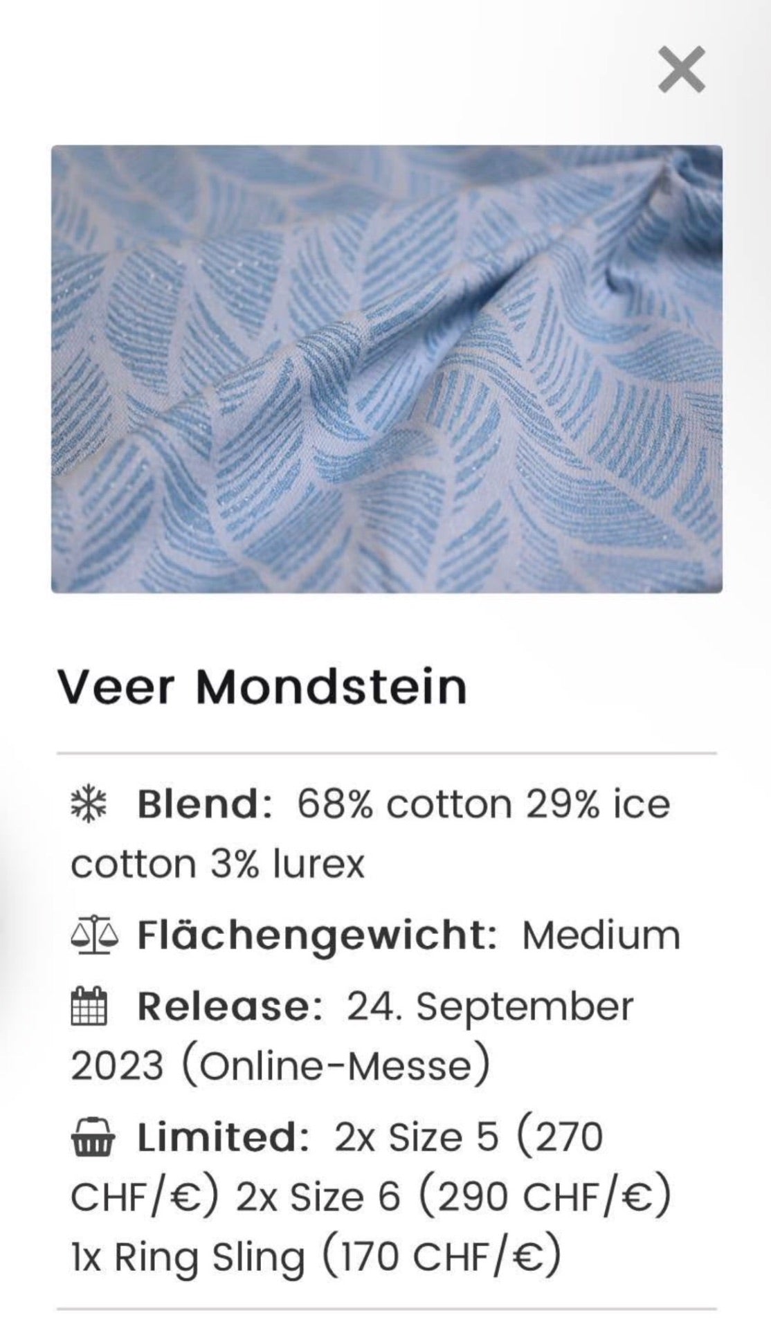 Tragetuch, Grösse 6 / 4.60m, Neisna, Veer/hellblau/weiss/gold Glitzer