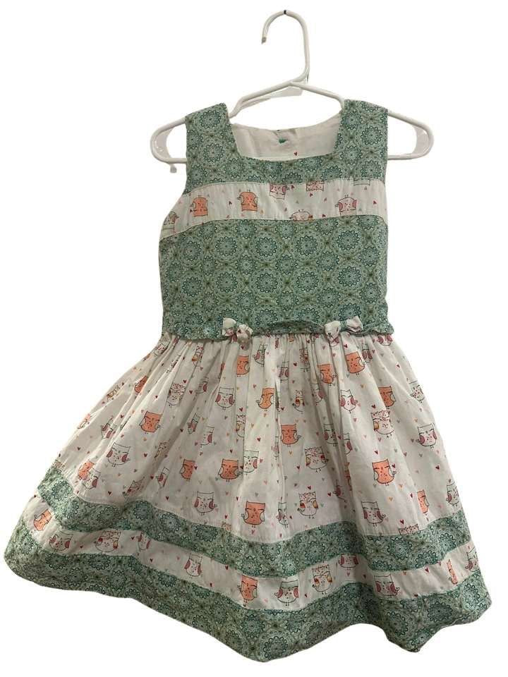 Kleid, weiss/Eulen/grün/Muster